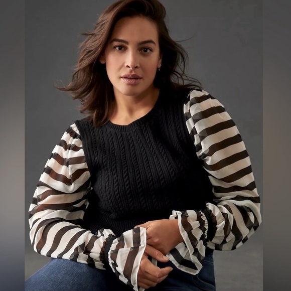 Anthropologie Maeve Mixed Media Stripe Sleeve Sweater - Picture 1 of 13